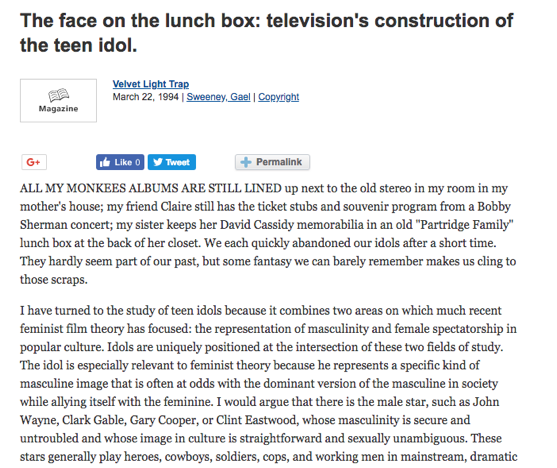 From The Research Vault: The face on the lunch box: television’s construction of the teen idol by Gael Sweeney (1994)