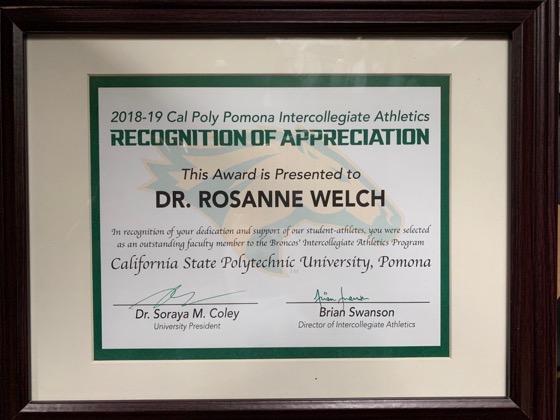 Dr. Rosanne Welch receives her award at the 2019 Faculty & Staff Appreciation Night, Cal Poly Pomona [Video]