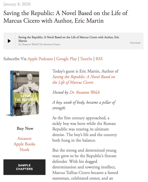 Mentoris Project Podcast: Saving the Republic: A Novel Based on the Life of Marcus Cicero with Author, Eric D. Martin