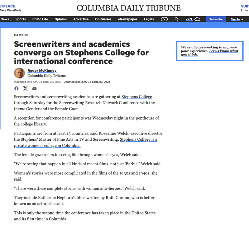 PRESS: Screenwriters and academics converge on Stephens College for international conference, Columbia Tribune, Columbia, Missouri