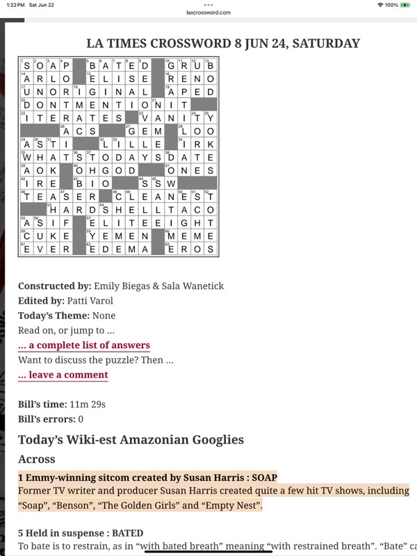 LA Times Crossword 8 Jun 24, Saturday - LAXCrossw….